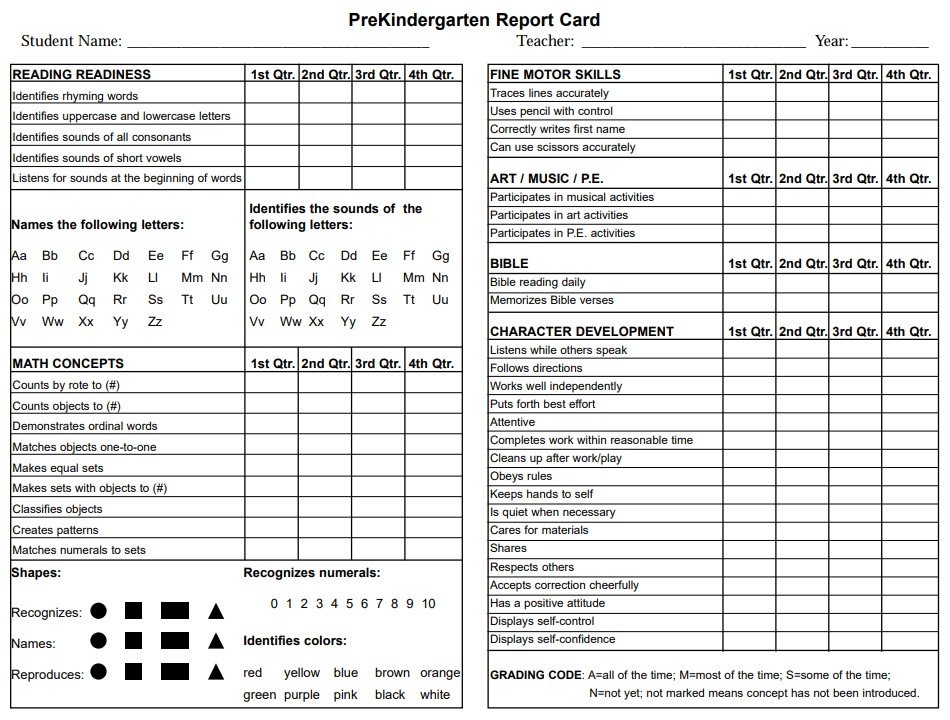 preschool report card template