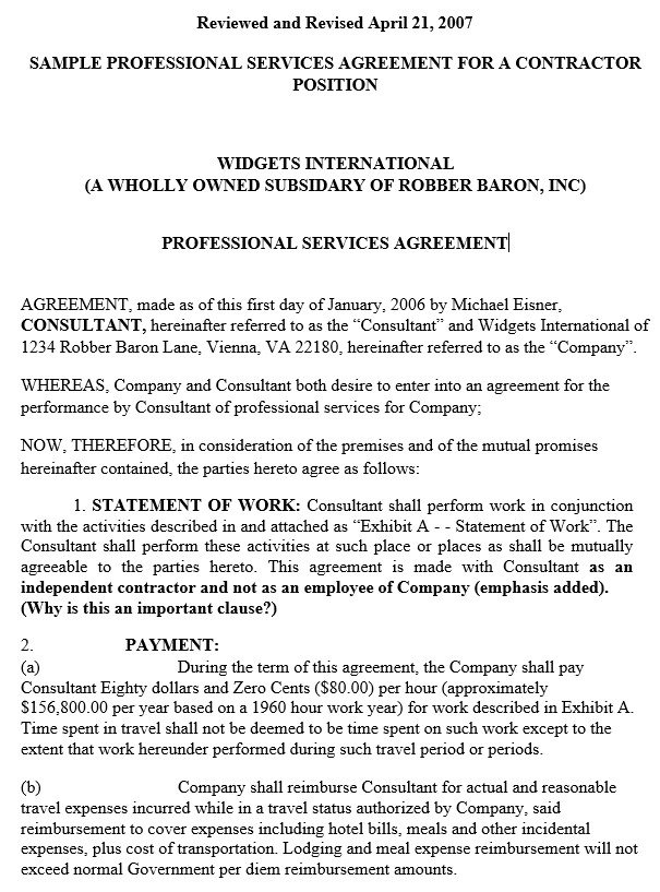 sample professional services agreement for a contractor position