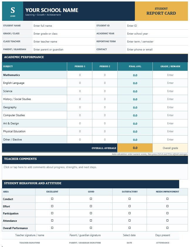 school report card template