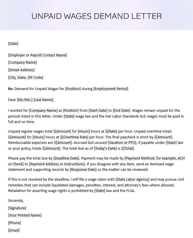 unpaid wages demand letter template