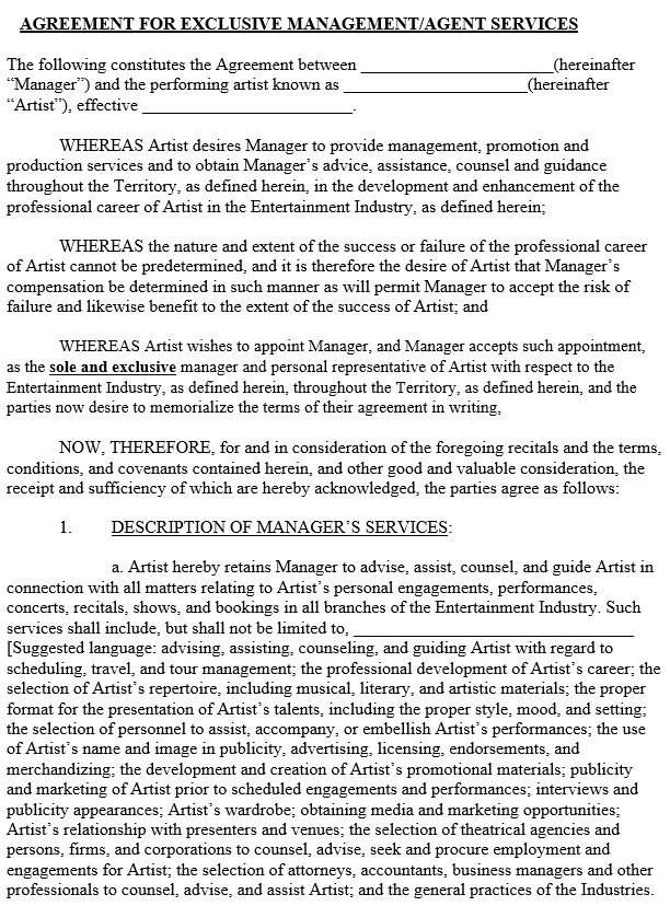 agreement for exclusive management or agent services template