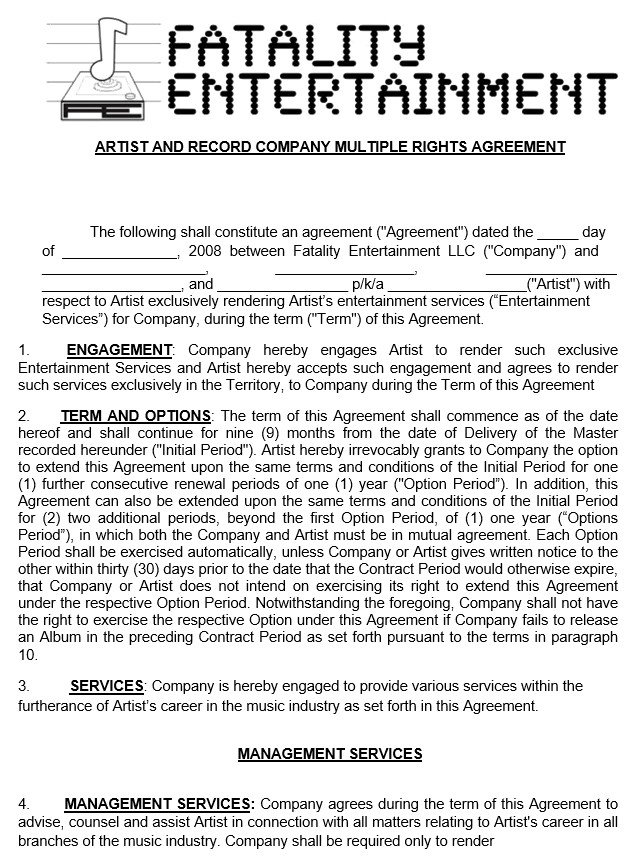 artist and record company multiple rights agreement template
