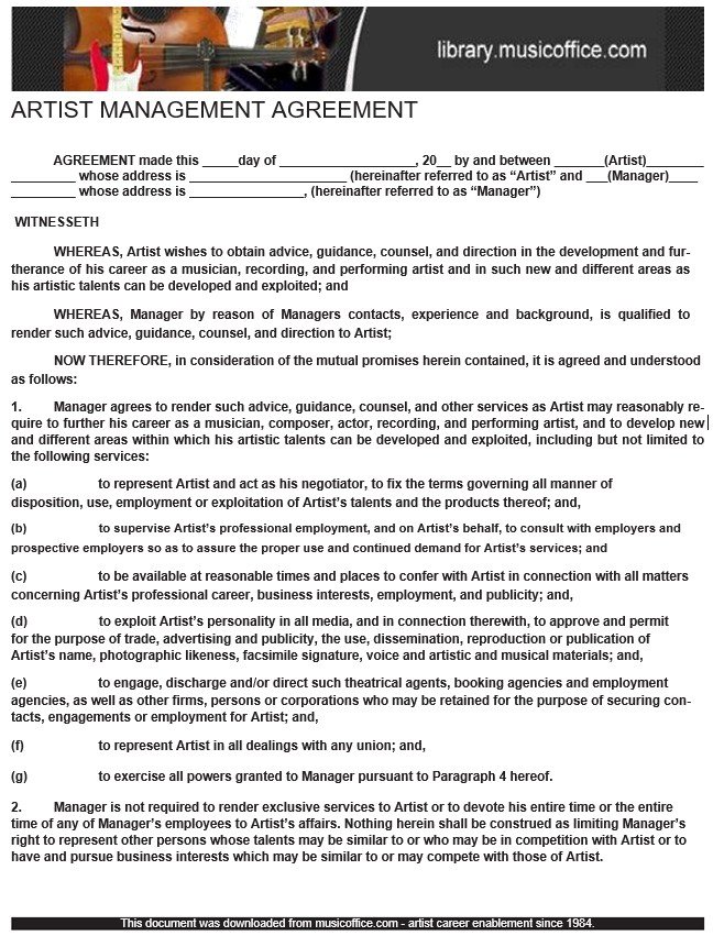 artist management agreement template