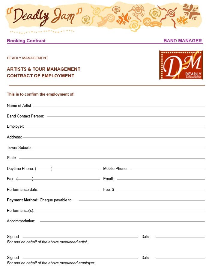 artists & tour management contract of employment template