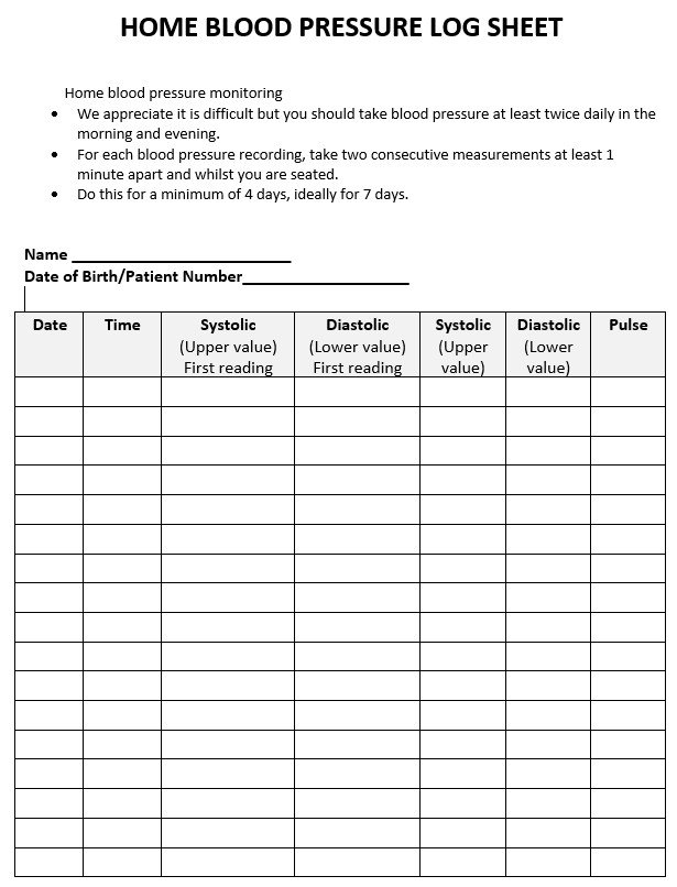 home blood pressure log sheet