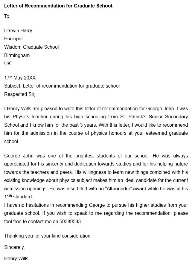 letter of recommendation for graduate school from teacher
