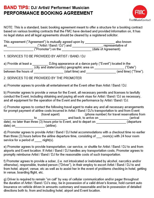 performance booking agreement template