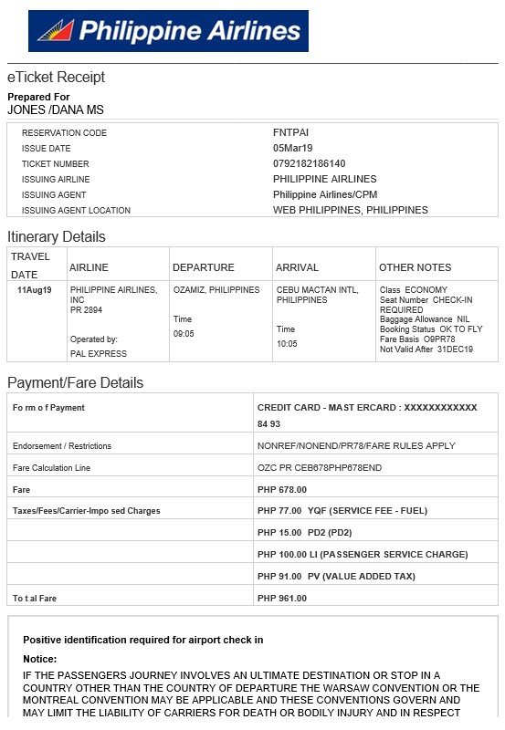 philippine airline ticket template