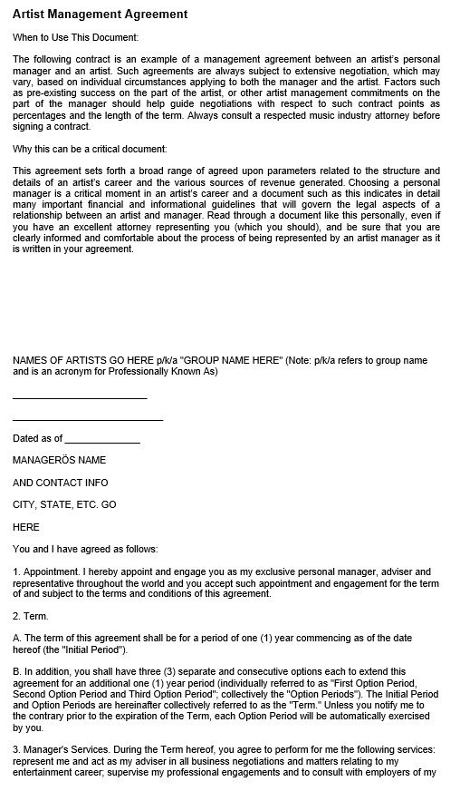 printable artist management contract template