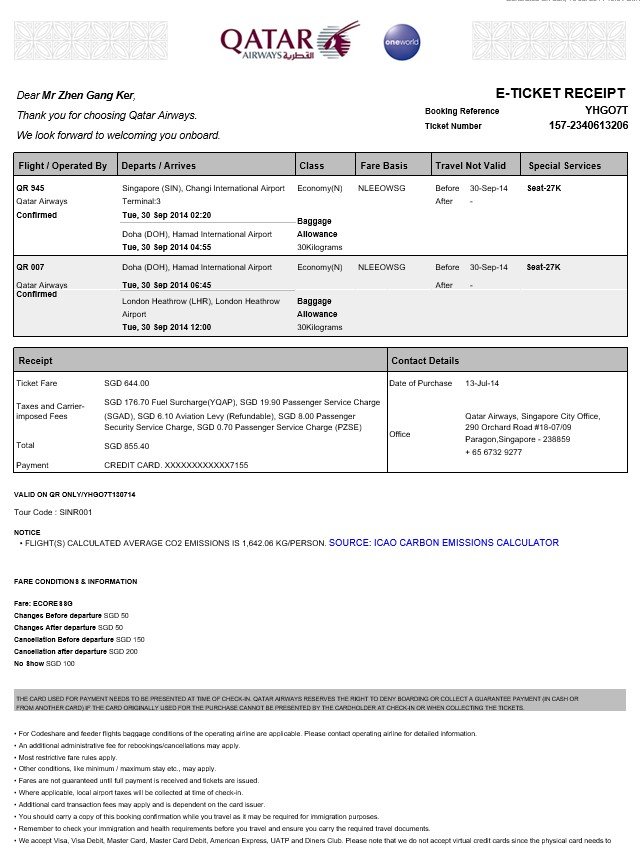 qatar airways e ticket receipt template