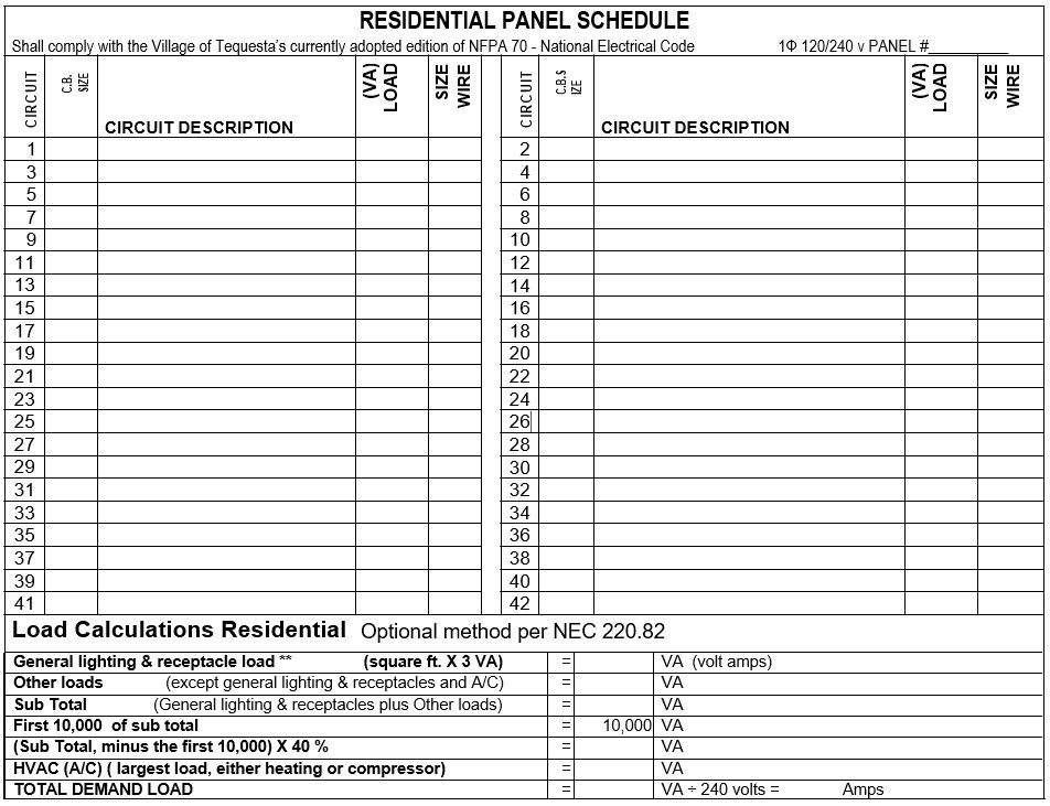 residential panel schedule template