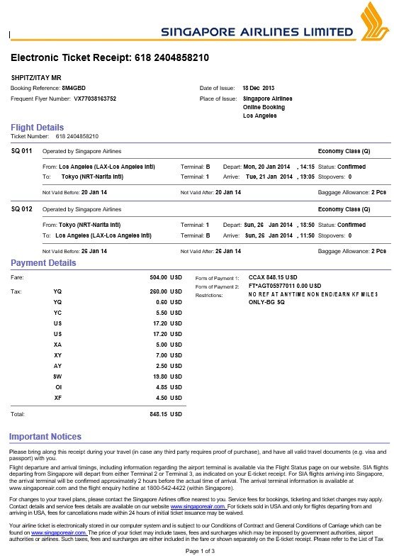 singapore airlines electronic ticket receipt template