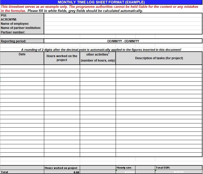 monthly time log sheet format