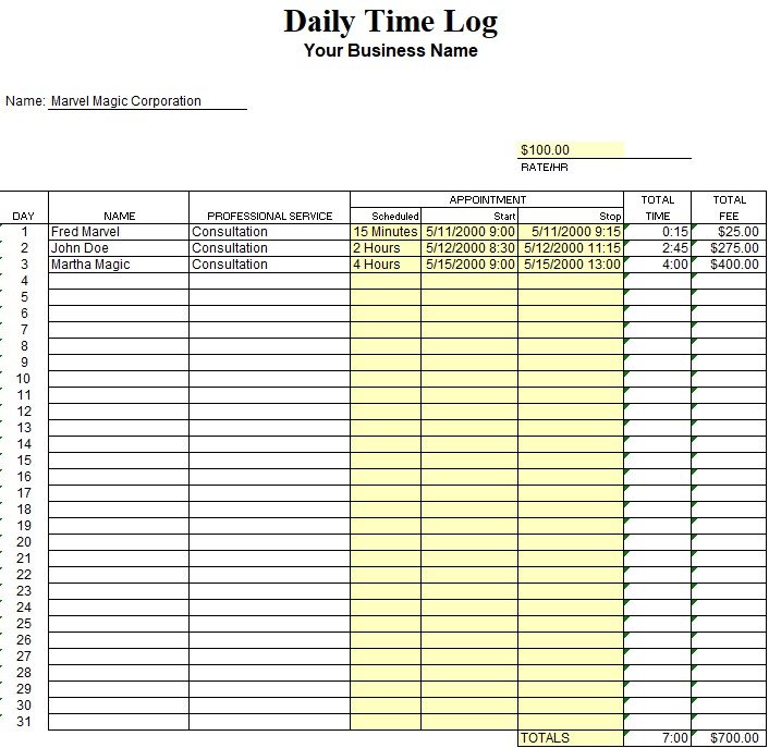 printable daily time log spreadsheet